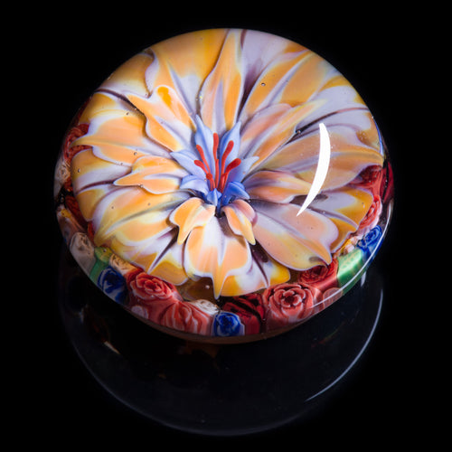 Artisan flameworked Lampwork glass Yellow/Cream Flower Paperweight