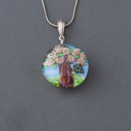 Artisan Rose Tree and Butterfly Lampwork Flamework glass pendant necklace
