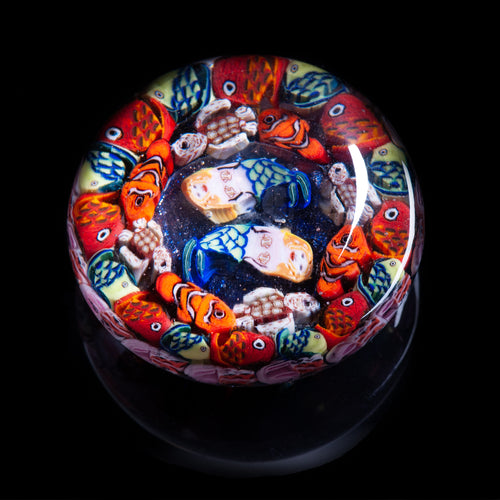 Artisan flameworked Lampwork glass Mermaids, fish and Ocean Millefiori Paperweight