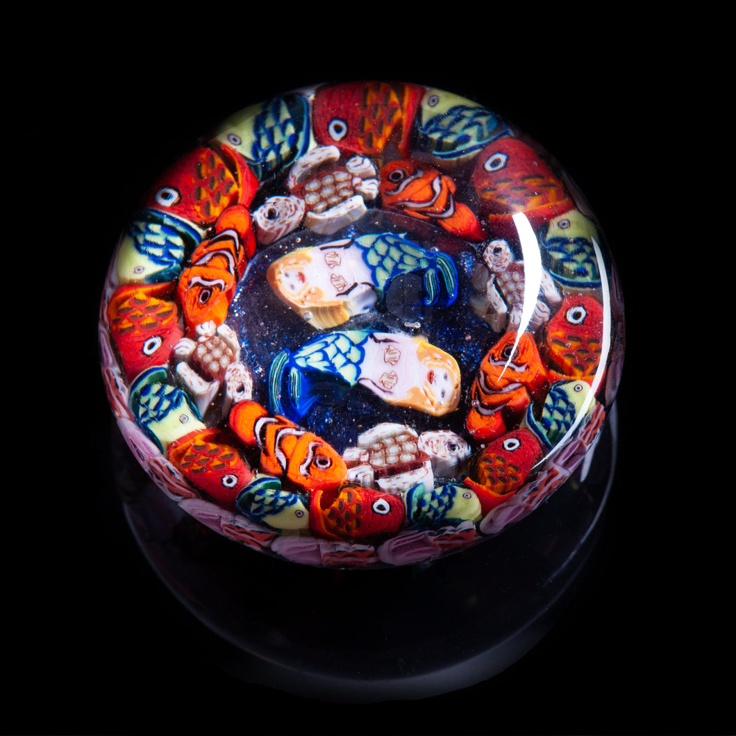 Artisan flameworked Lampwork glass Mermaids, fish and Ocean Millefiori Paperweight