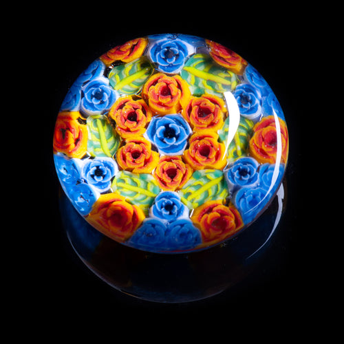 Artisan flameworked Lampwork Glass blue and orange roses Millefiori Paperweight