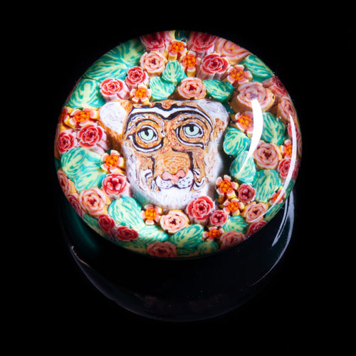 Artisan flameworked Lampwork glass Cougar with flowers Paperweight